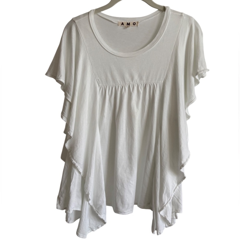 AMO White Flutter Sleeve Blouse 100% Cotton Made in USA Size XL Boho